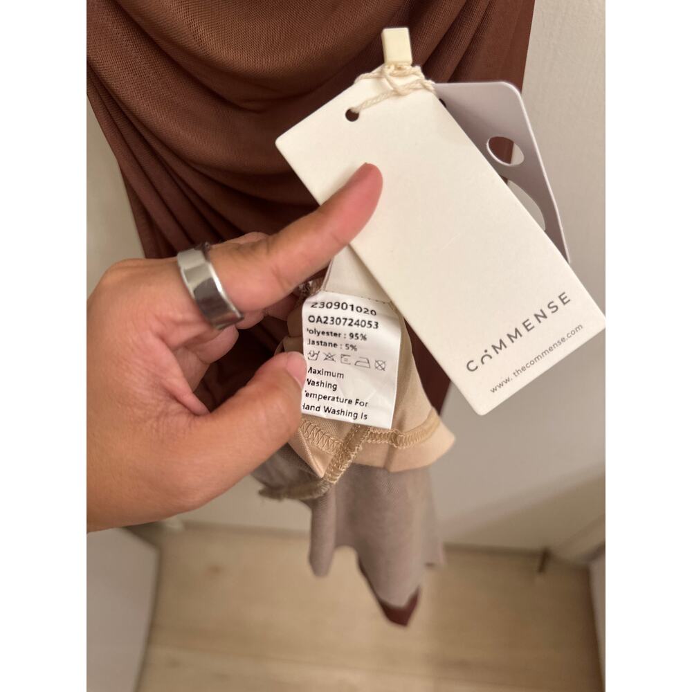 NWT Commense Cappuccino Brown Ruched Slip Dress Cowl Neck Y2K Minimal Glam Small - Picture 3 of 4